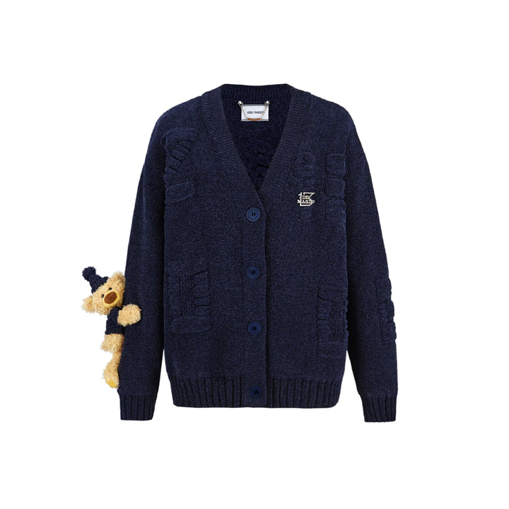 13De Marzo Plush Bear Jacquard Letter Knit Cardigan Navy - Mores Studio