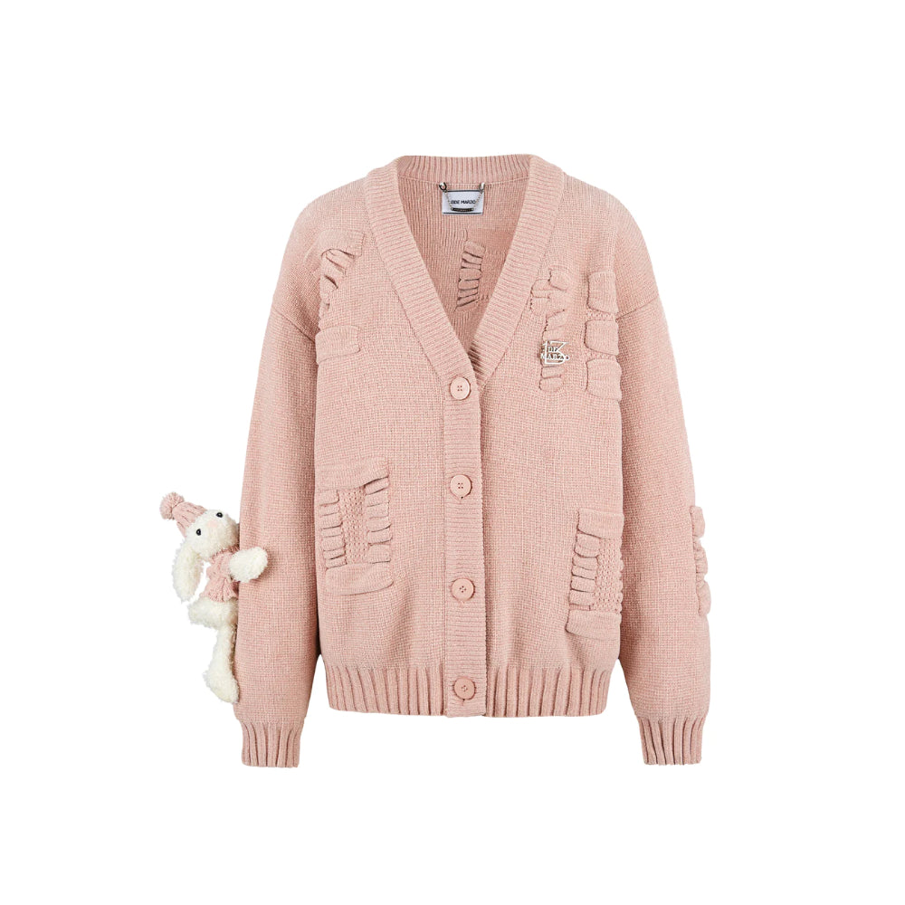 13De Marzo Plush Rabbit Jacquard Letter Knit Cardigan Pink - Mores Studio