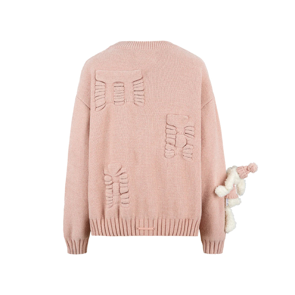 13De Marzo Plush Rabbit Jacquard Letter Knit Cardigan Pink - Mores Studio