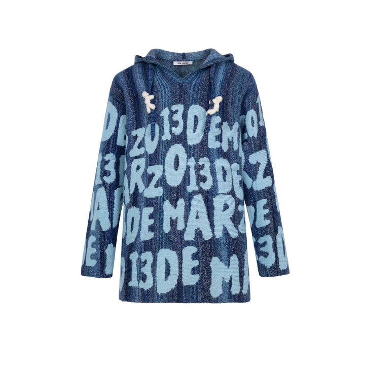 13De Marzo Full Logo Jacquard Knit Hoodie Blue - Mores Studio