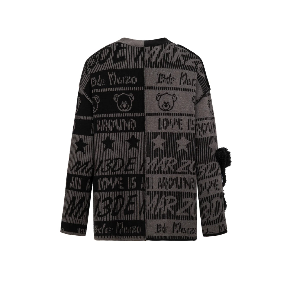 13De Marzo Jacquard Bear Weave Knit Cardigan Black - Mores Studio