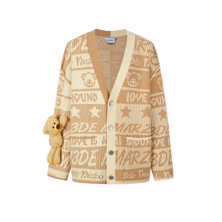 13De Marzo Jacquard Bear Weave Knit Cardigan Khaki - Mores Studio