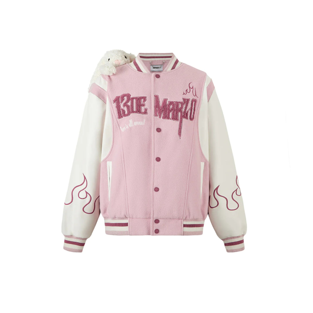 13De Marzo Plush Rabbit Flame Baseball Jacket Pink - Mores Studio