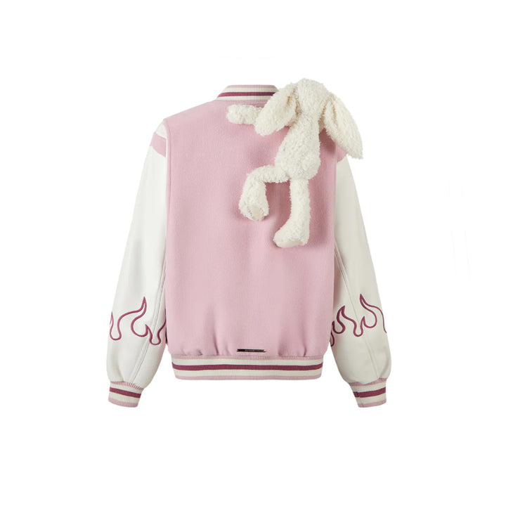 13De Marzo Plush Rabbit Flame Baseball Jacket Pink - Mores Studio