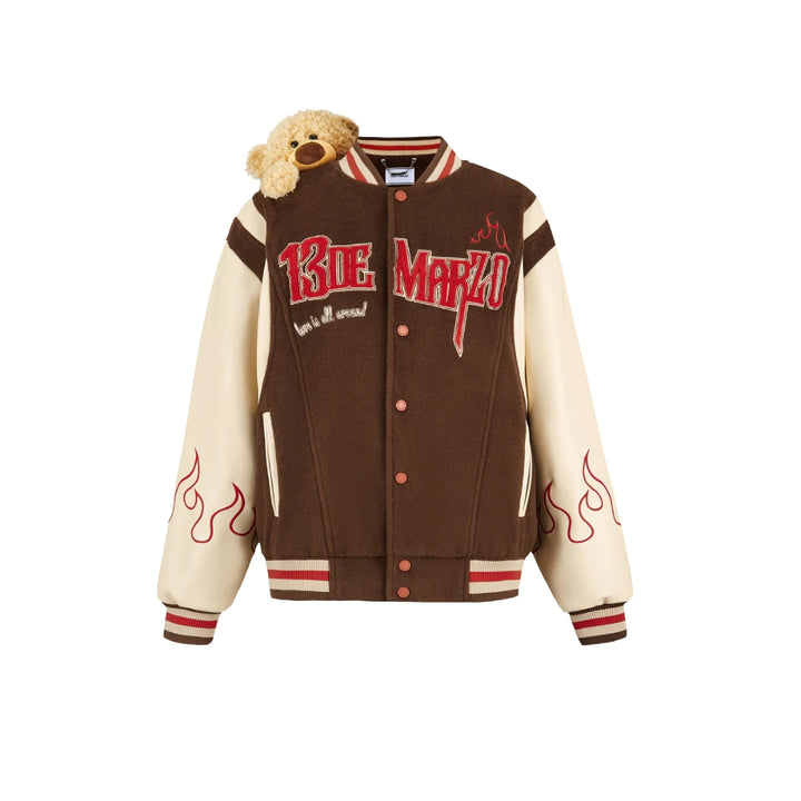 13De Marzo Plush Bear Flame Baseball Jacket Brown - Mores Studio