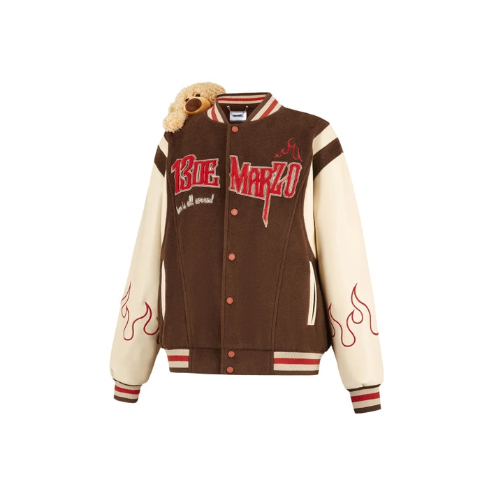 13De Marzo Plush Bear Flame Baseball Jacket Brown - Mores Studio