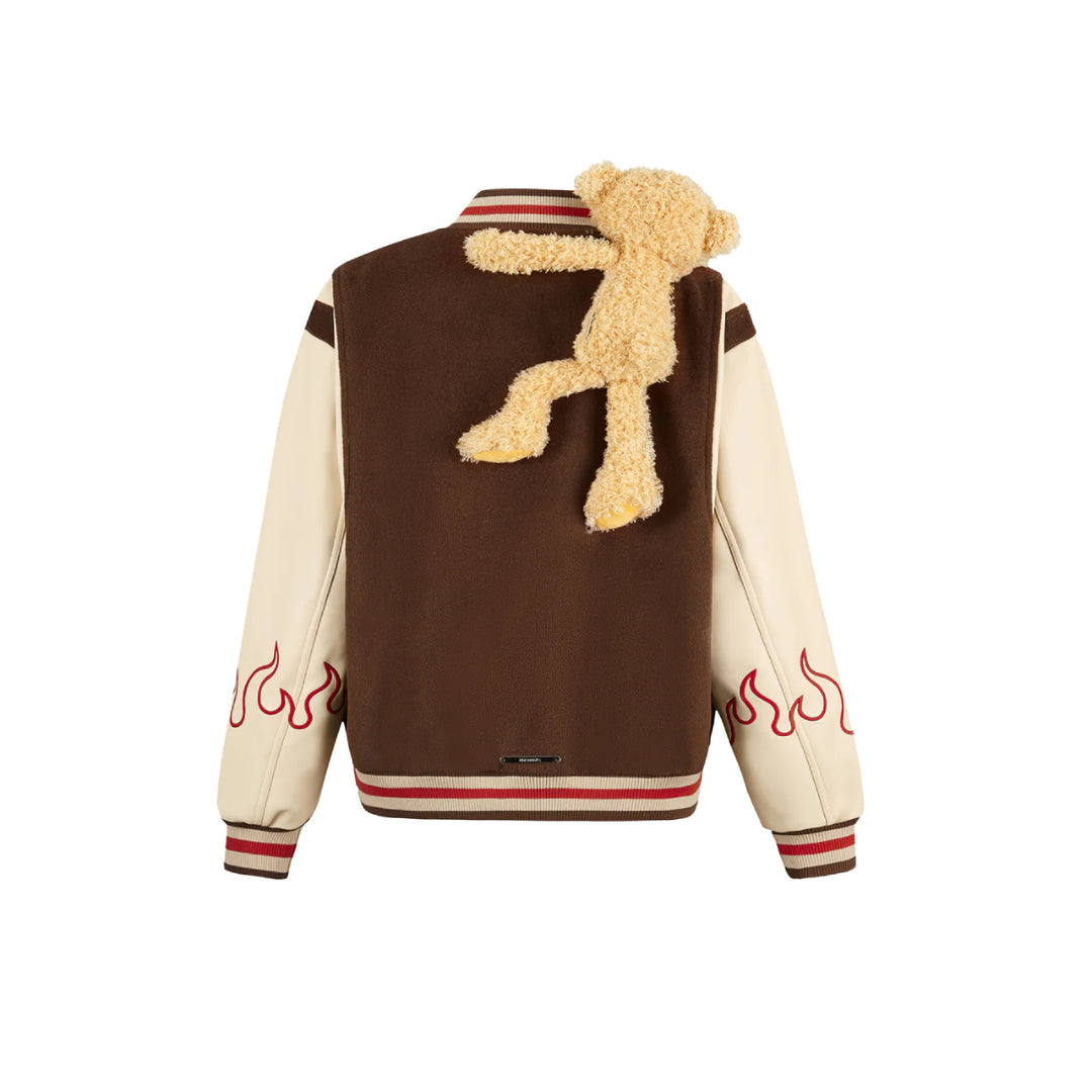 13De Marzo Plush Bear Flame Baseball Jacket Brown - Mores Studio