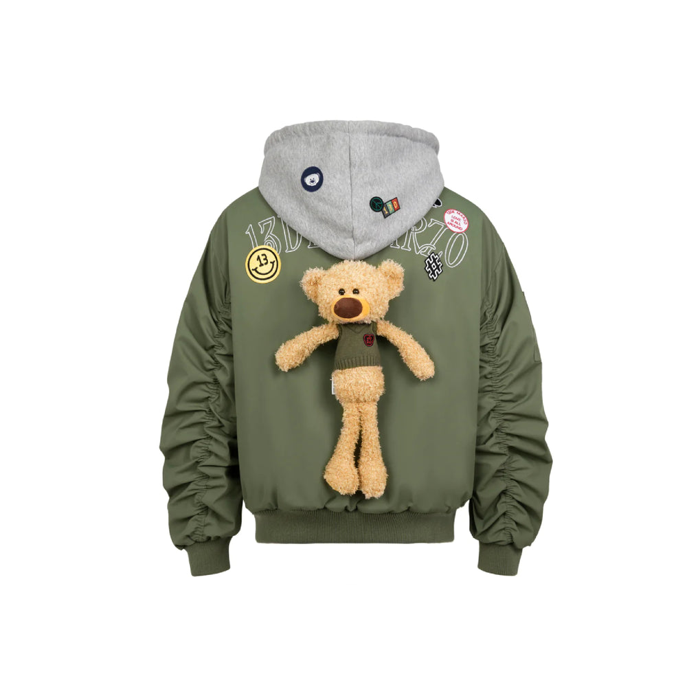 13De Marzo Badges Plush Bear MA-1 Jacket Olive Green - Mores Studio