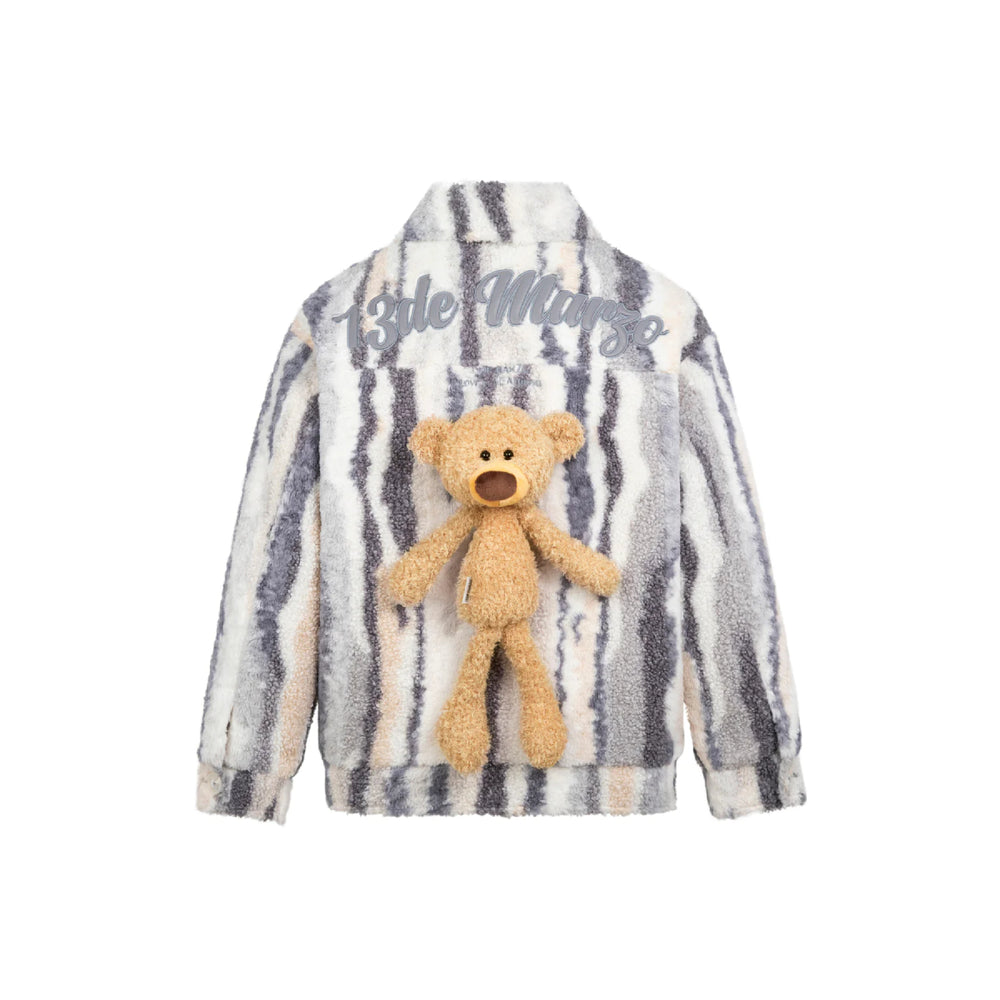 13De Marzo Plush Bear Striped Fleece Coat Grey - Mores Studio
