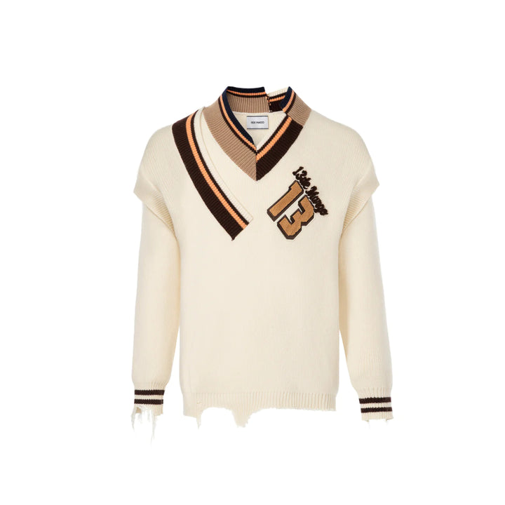 13De Marzo Offset Logo Broken Knit Sweater Beige - Mores Studio