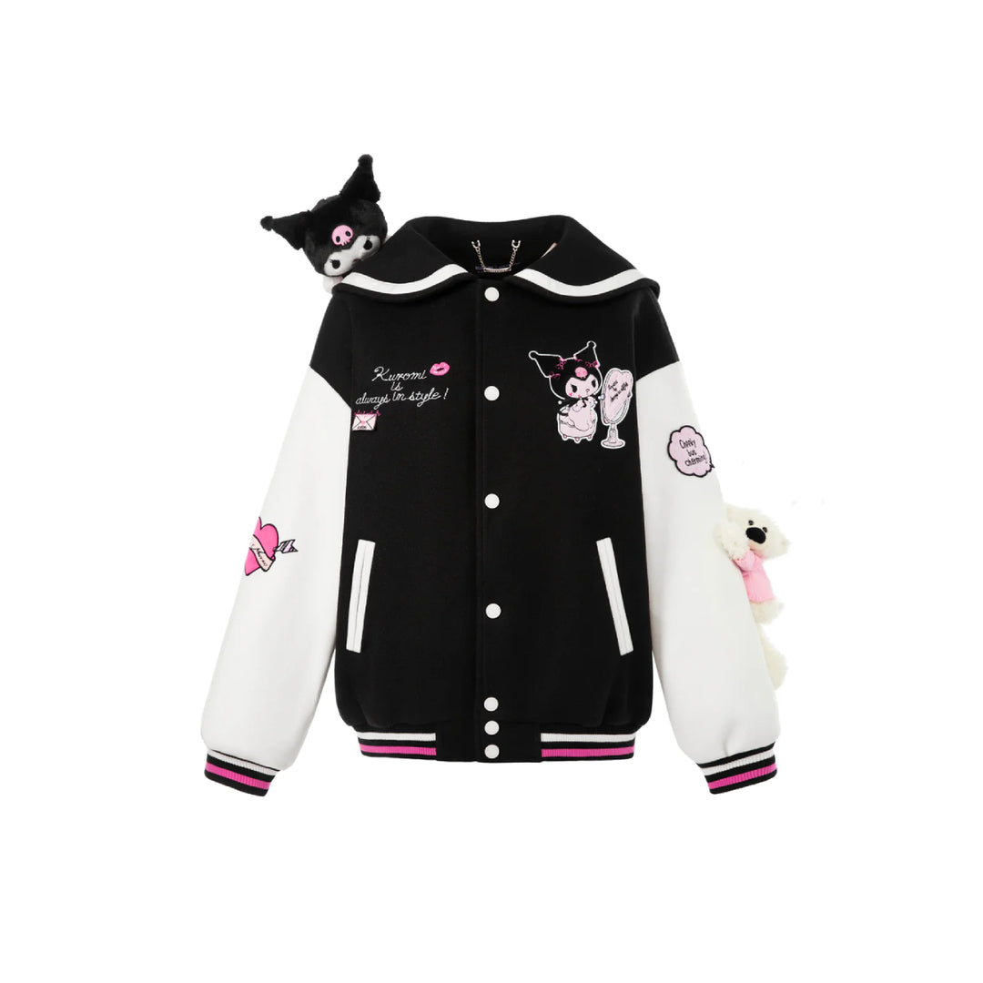 13De Marzo X Kuromi Plush Bear Sailor Baseball Jacket Black - Mores Studio