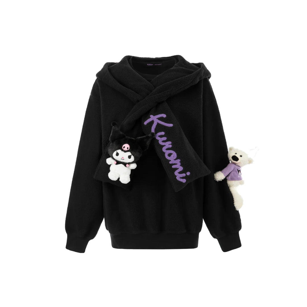 13De Marzo X Kuromi Bear Scarf Fleece Hoodie Black - Mores Studio