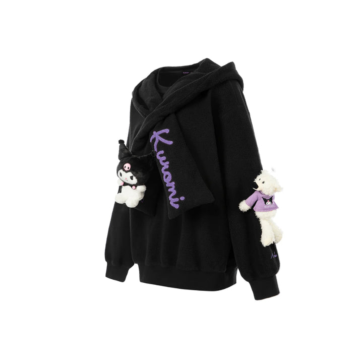 13De Marzo X Kuromi Bear Scarf Fleece Hoodie Black - Mores Studio