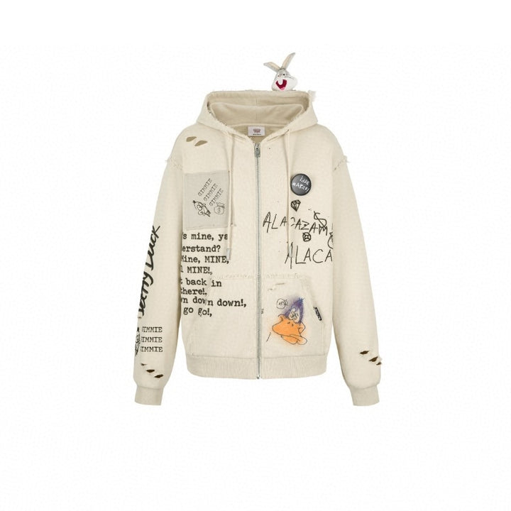 13De Marzo X Looney Tunes Daffy Duck Sketch Zip Hoodie Khaki - Mores Studio