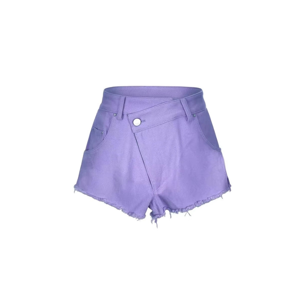 Three Quarters Misplaced Button Denim Shorts Purple - Mores Studio