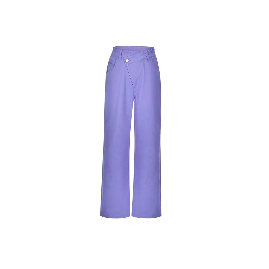 Three Quarters Misplaced Button Denim Pants Purple - Mores Studio