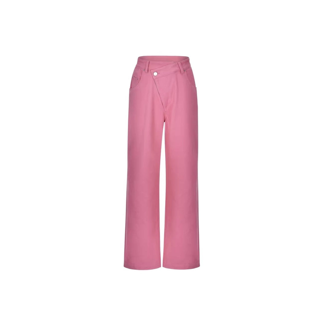 Three Quarters Misplaced Button Denim Pants Pink - Mores Studio