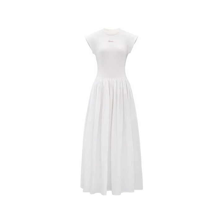 Concise-White Stitching Printed Logo Dress White - Mores Studio