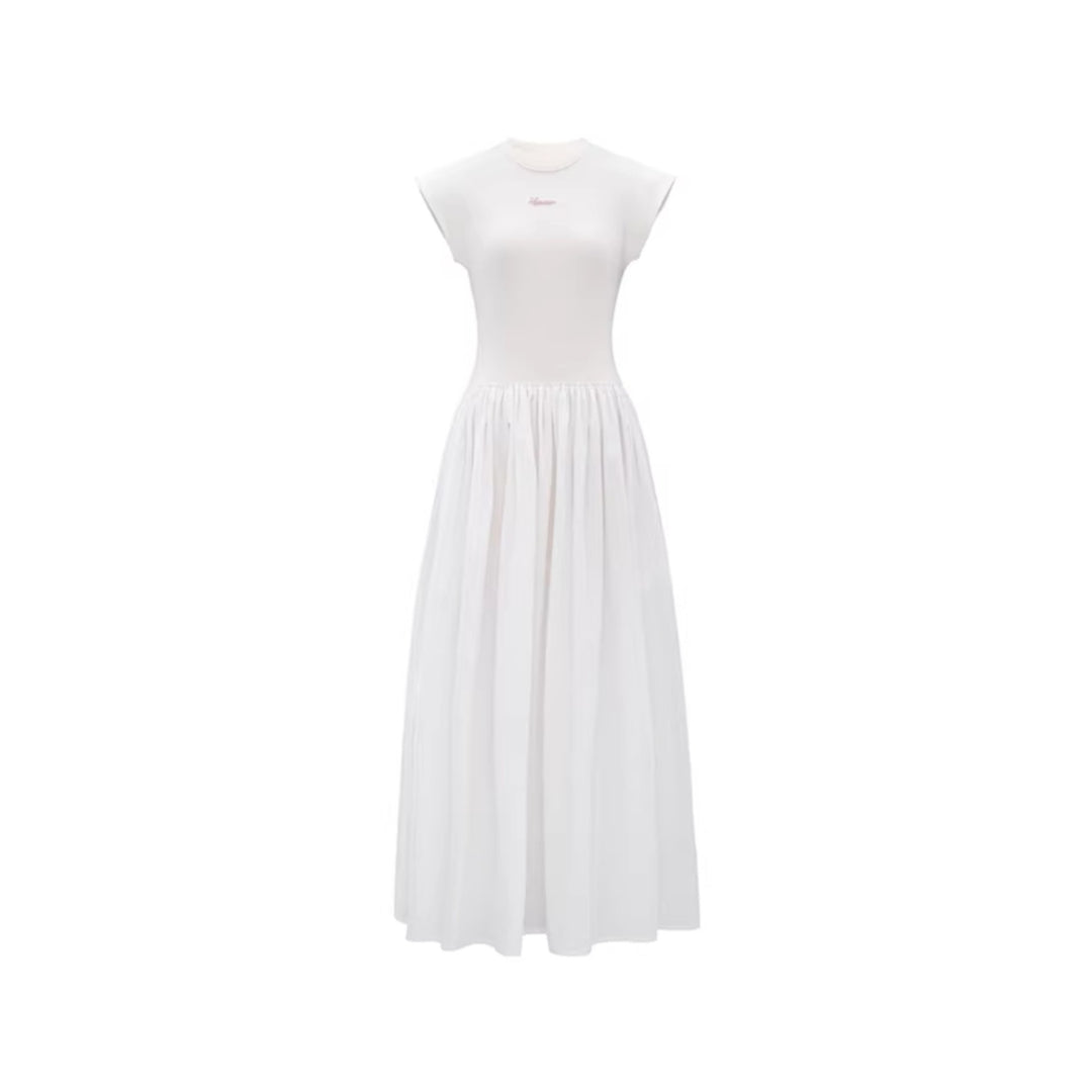 Concise-White Stitching Printed Logo Dress White - Mores Studio