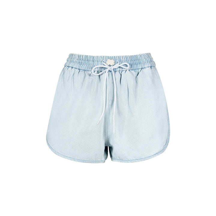 Liilou Lace-Up Elastic-Waist Denim Shorts Light Blue
