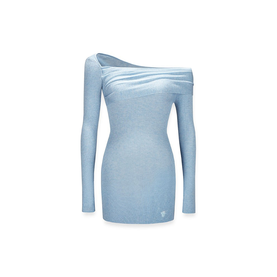 NotAwear Wrinkled Woolen Knit Off-Shoulder Dress Blue - Mores Studio