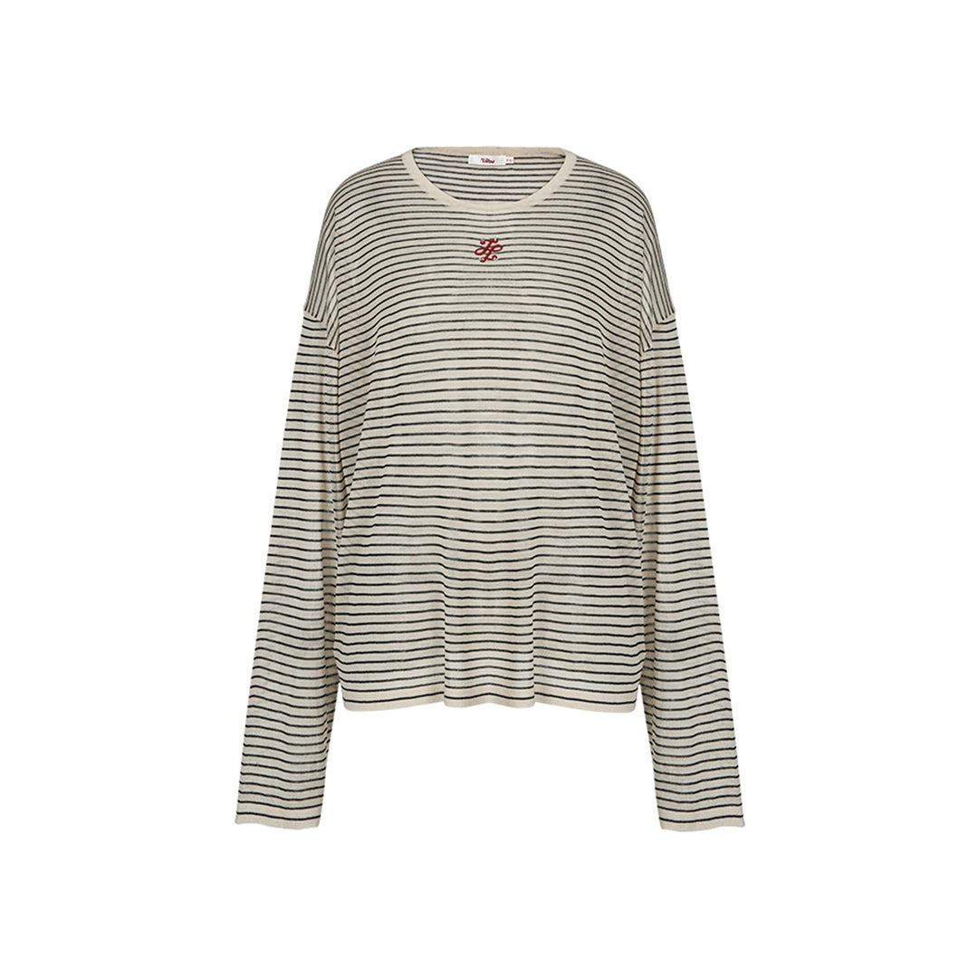 Liilou Embroidery Logo Striped Casual Long Sleeve Top