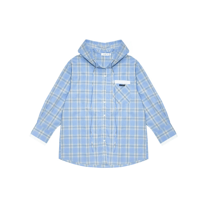 AsGony Plaid Patchwork Hooded Casual Shirt Blue