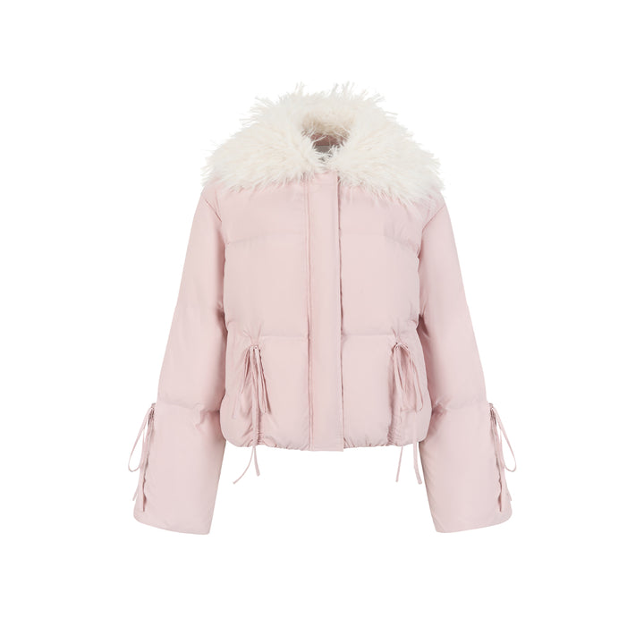 Via Pitti Bow Drawstring Fur Collar Down Jacket Light Pink