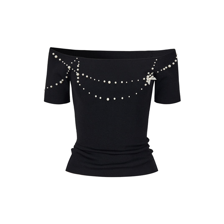 Via Pitti Pearl Bow-Knot Off Shoulder Knit Top Black