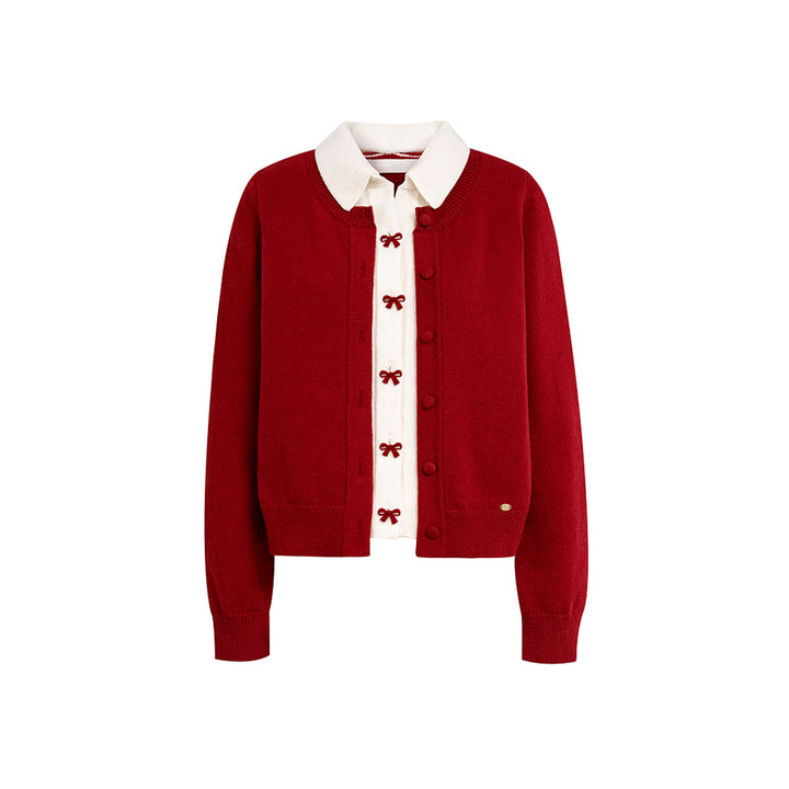 Kroche Color Blocked Fake-3-Piece Bow Woolen Cardigan Red