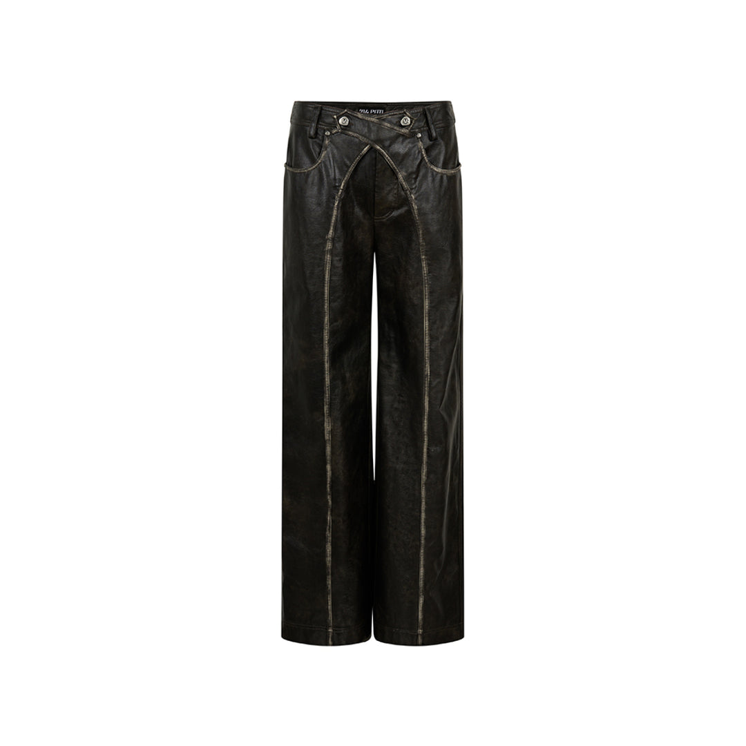 Via Pitti Cross Waist Distressed Leather Pants Black - Mores Studio