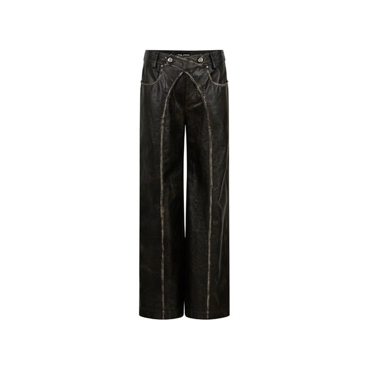 Via Pitti Cross Waist Distressed Leather Pants Black - Mores Studio