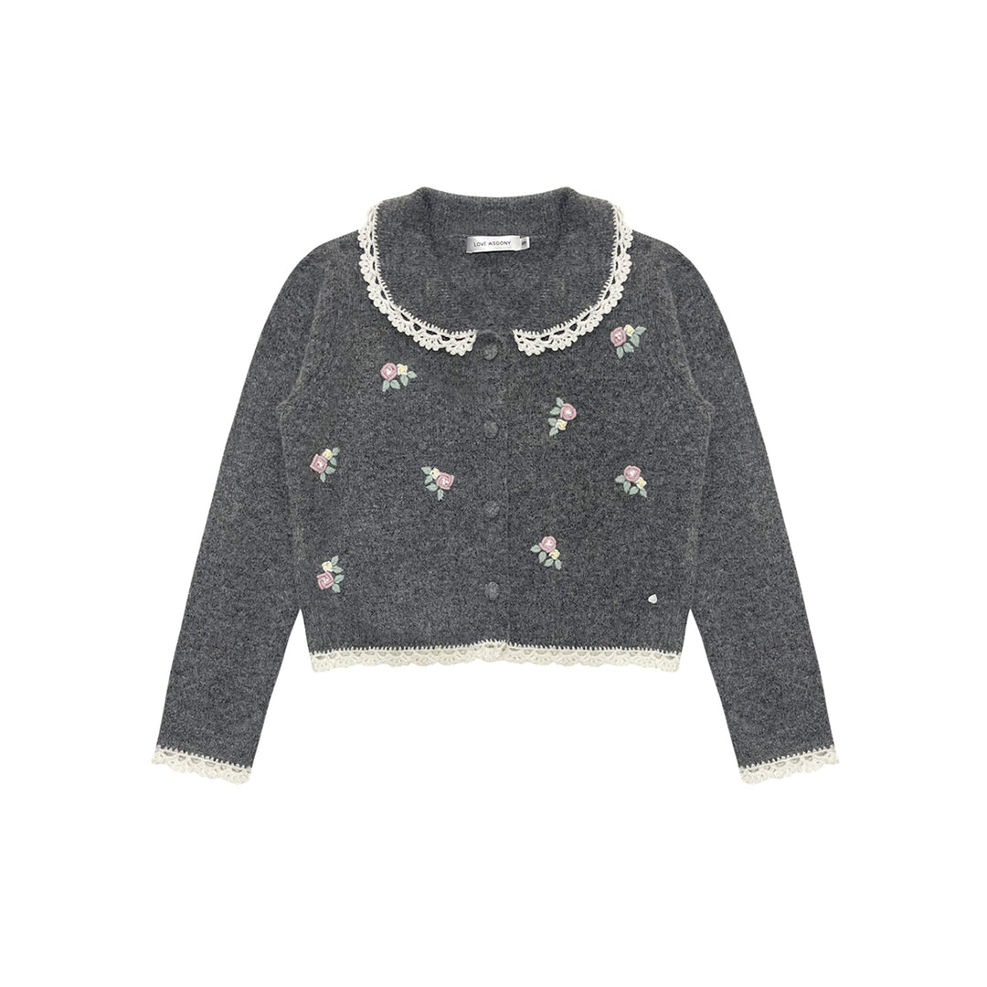 AsGony Embroidery Lace Flower Doll Collar Cardigan