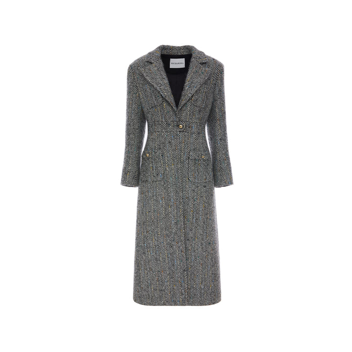 Rocha Roma Colored Dots Plaid Lapel Tweed Long Coat