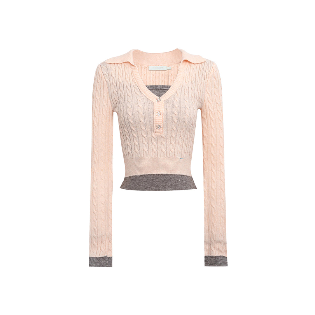 Kroche Fake-2-Piece Lapel V-Neck Knit Top Pink