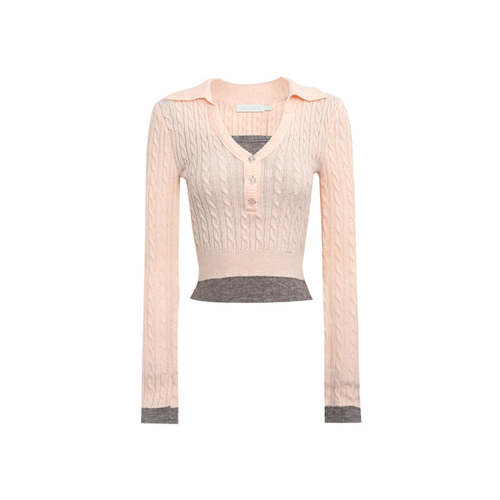 Kroche Fake-2-Piece Lapel V-Neck Knit Top Pink