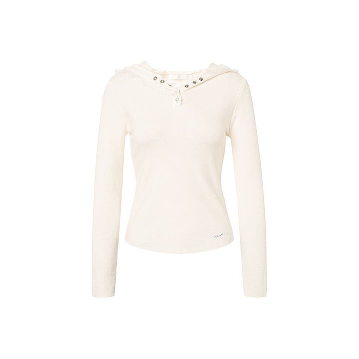 Kroche Lace Edge Hooded V-Neck Slim Top White