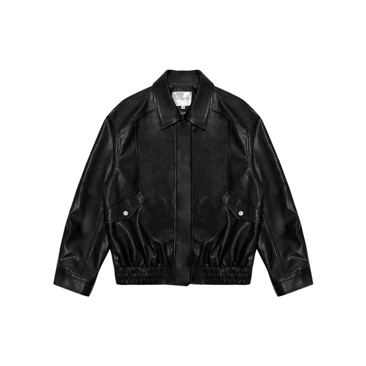 AsGony Retro Lapel Casual Leather Jacket Black