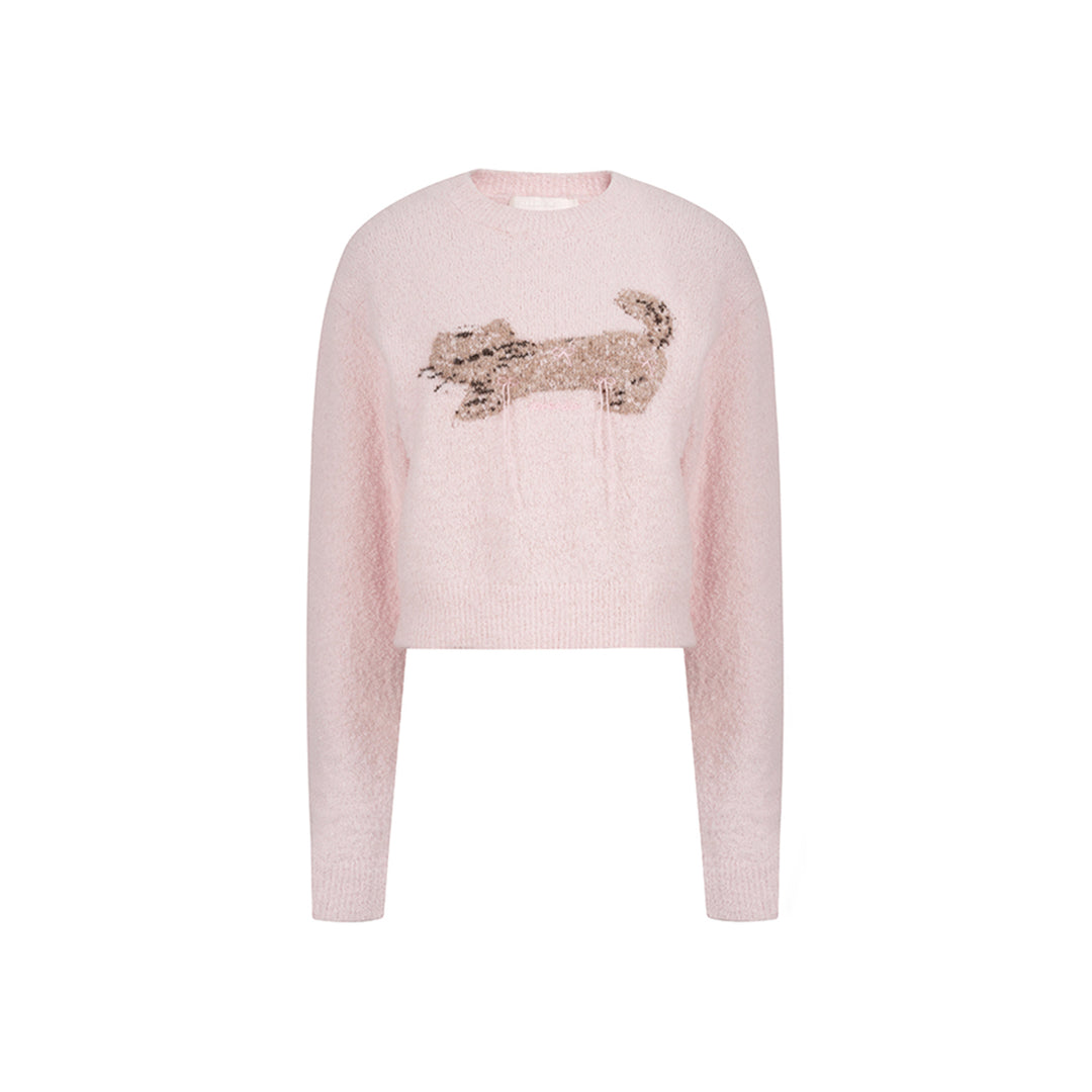 Kroche Cat Jacquard Woolen Knit Sweater Pink