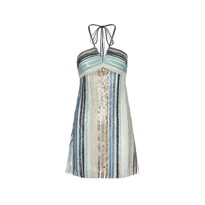 Rocha Roma Color Striped Sequin Halter Dress