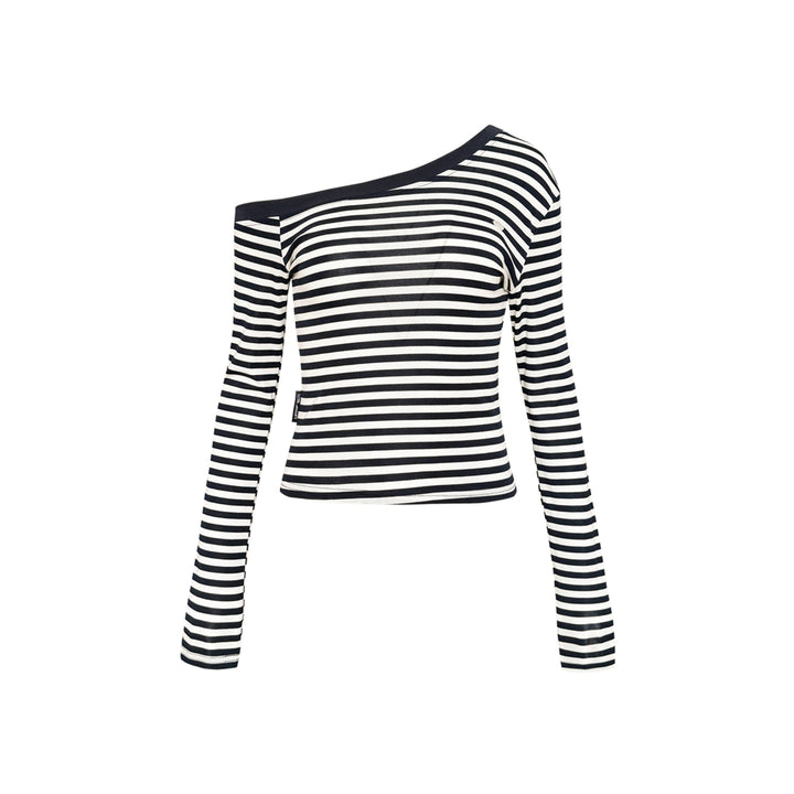 AsGony Striped Diagonal Shoulder Slim Top