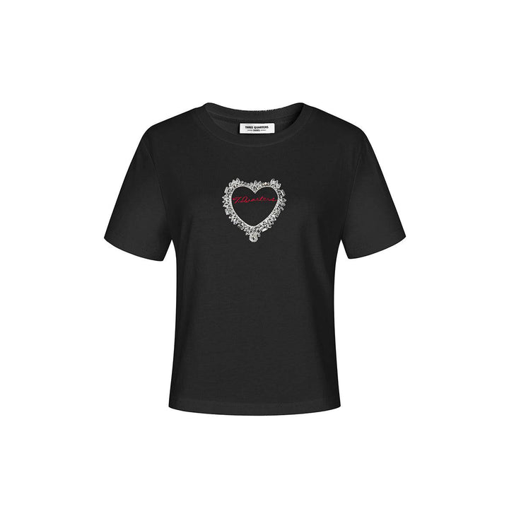 Three Quarters Logo Embroidery Rhinestone Heart Tee Black - GirlFork