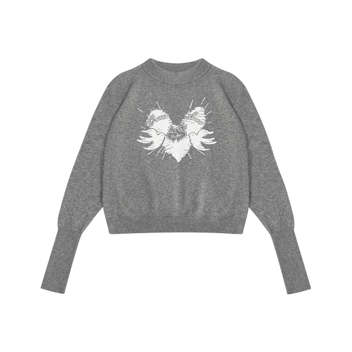 AsGony Heart Printed Crew Neck Sweater Grey