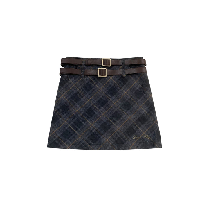 AsGony Double Waist Plaid Skirt Gray