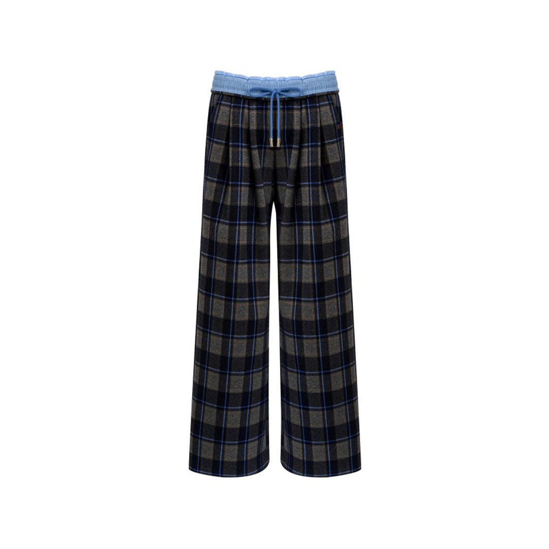 Liilou Contrast Color Plaid Tweed Thicken Casual Pants