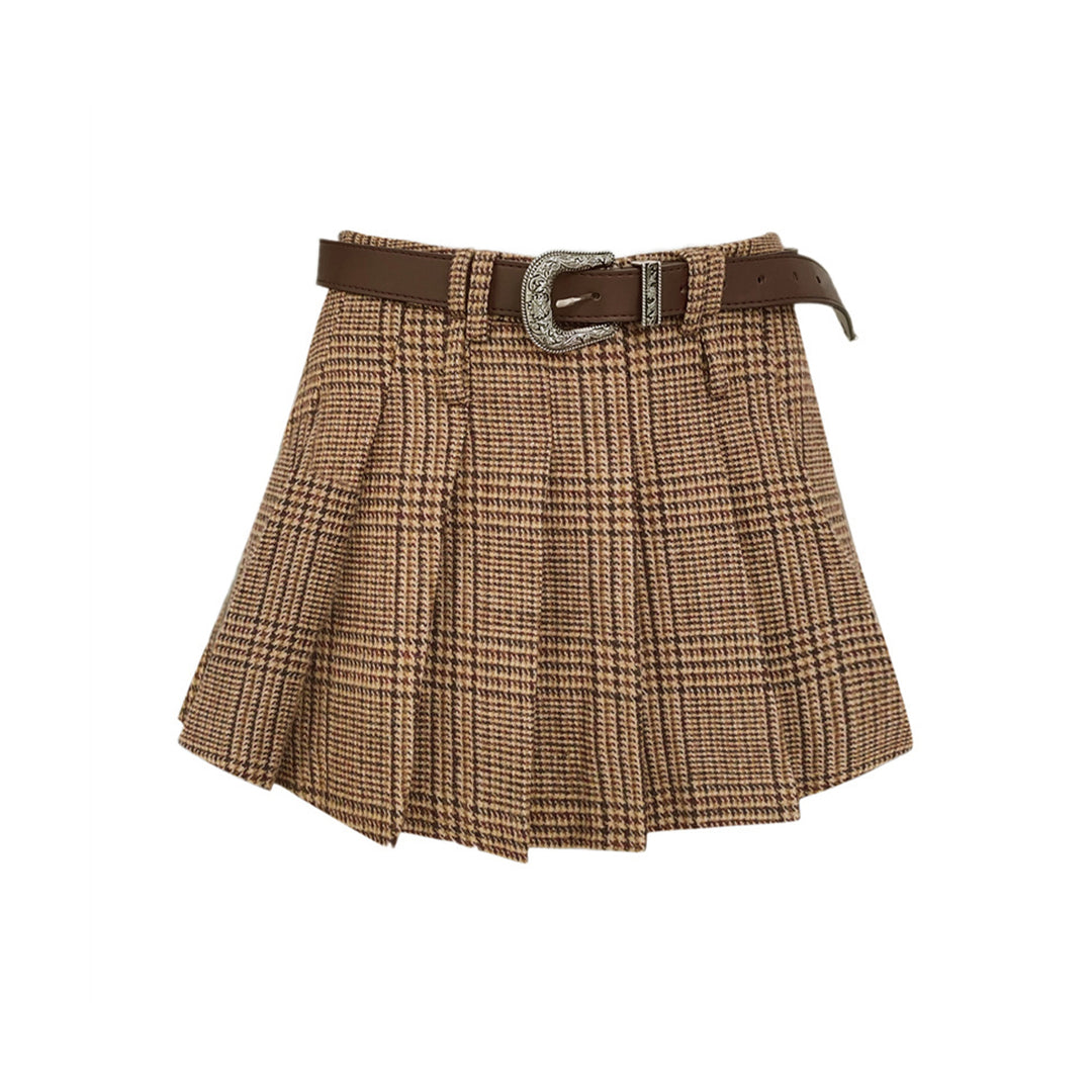 Liilou Double Waist Plaid Pleated Woolen Skirt Brown - Mores Studio