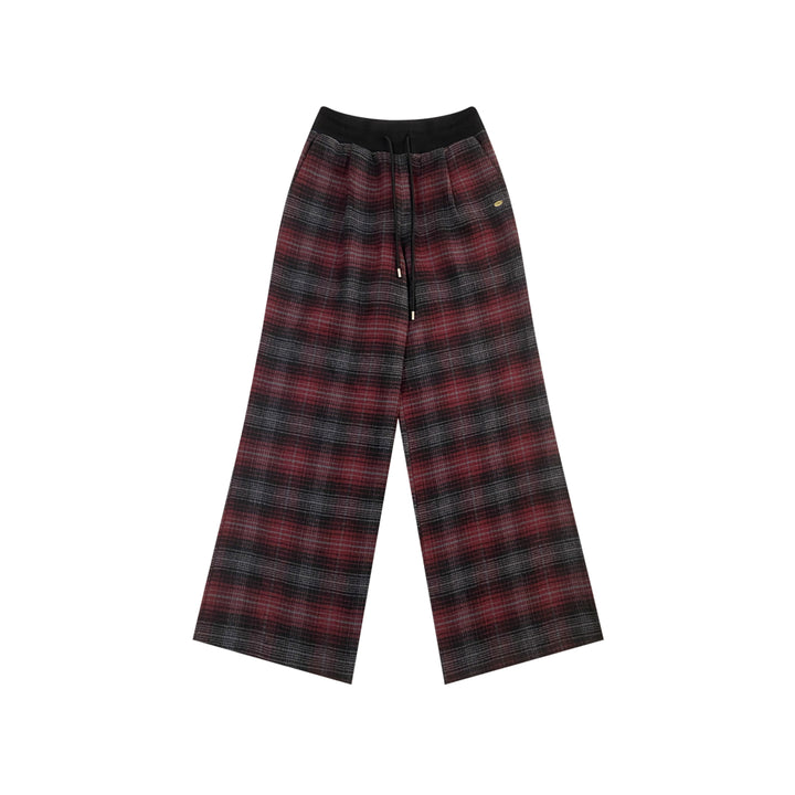 AsGony Retro Plaid Elastic-Waist Wide-Leg Pants