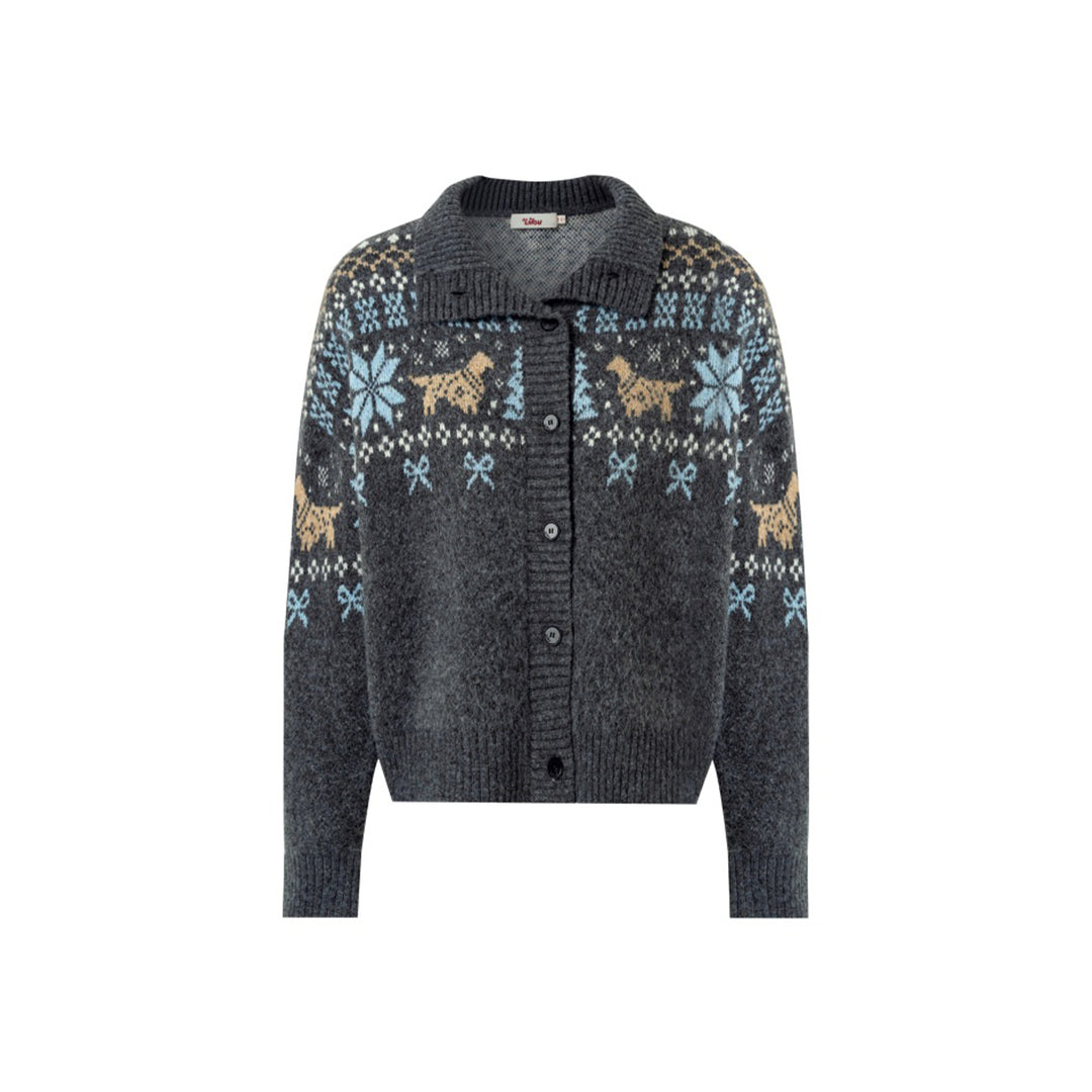 Liilou Fair Isle Jacquard Lapel Woolen Knit Cardigan