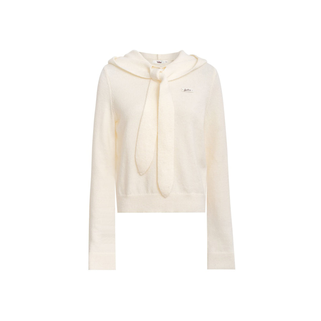 Liilou Shawl Hooded Woolen Knit Sweater White