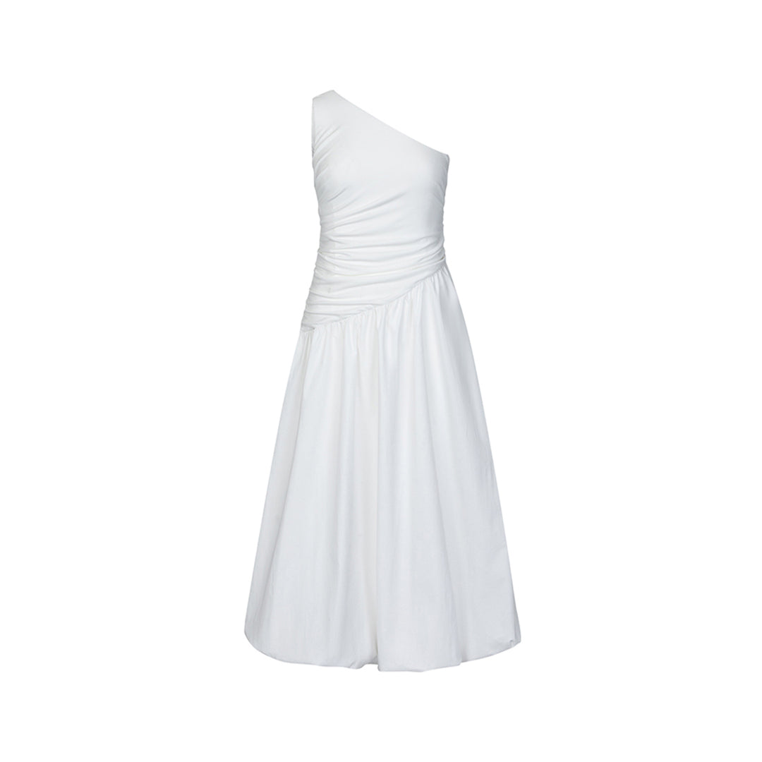 Marc Moore Diagonal Shoulder Long Pleated Dress White
